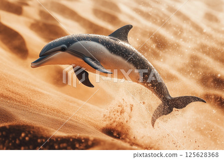 A lonely dolphin jumping out from the sand on a desert. 125628368