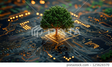 A miniature tree growing on computer mother board. Digital Convergence. 125628370