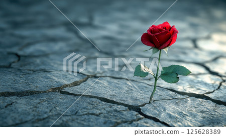 A red rose flower growing through cracks in the clay. 125628389