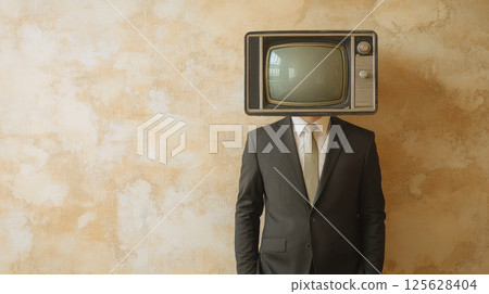 Businessman in suit with retro TV instead of head. Copy space. 125628404