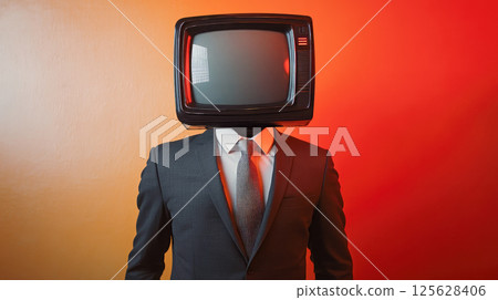 Businessman with retro TV instead of head. Copy space. 125628406