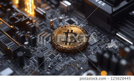 Close up view of golden Bitcoin on computer circuit board. Cryptocurrency business. 125628445