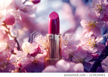 A lipstick is surrounded by spring cherry petals. 125628461