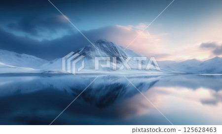 Beautiful landscape of the snowy mountains with reflection in water. 125628463