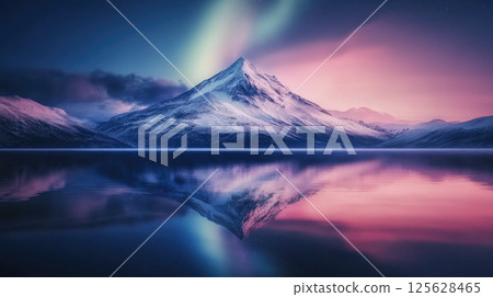 Beautiful Northern lights over the snowy mountains with reflection in water at winter night. 125628465