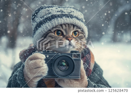 Cat takes a winter landscape pictures on a retro camera. 125628470