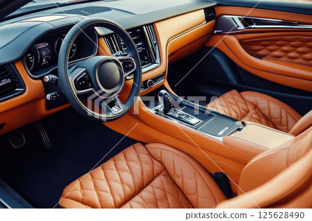Modern car interior with the leather seats, multimedia, and digital dashboard. 125628490