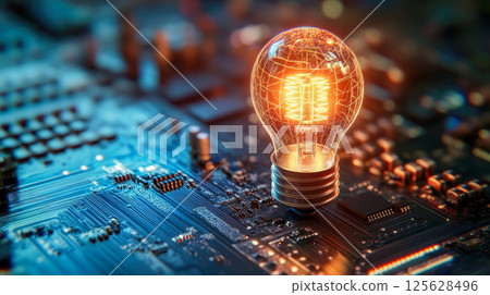 A bright glowing light bulb on electronic circuit board. 125628496