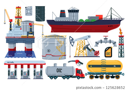 Oil industry set in flat graphic design. Collection isolated elements of platform with drilling rig, barrel, canister, tanker ship, storage tank, pipeline, truck, station, other. Vector illustration. Oil industry set in flat graphic design. Collection isolated elements of platform with drilling rig, barrel, canister, tanker ship, storage tank, pipeline, truck, station, other. Vector illustration. 125628652