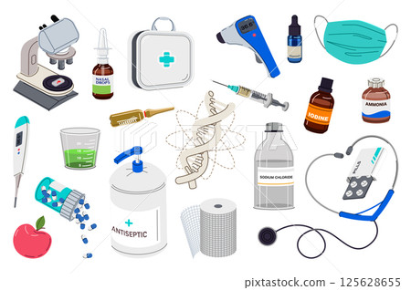 Medical tools set in flat graphic design. Collection isolated elements of microscope, nasal, drops, first aid kit, thermometer, vitamins, mask, test cup, ampoule, syringe, other. Vector illustration. 125628655