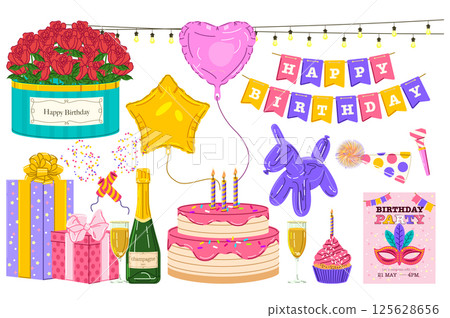 Happy birthday set in flat graphic design. Collection isolated elements of rose bouquet, balloons, garlands, gift boxes, champagne and glasses, cake with candles, cupcake, other. Vector illustration. 125628656