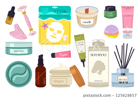 Care cosmetics set in flat graphic design. Collection isolated elements of serum bottle, massage stone and roller, facial mask, aroma candle, cream, bath bomb, skin lotion, other. Vector illustration. Care cosmetics set in flat graphic design. Collection isolated elements of serum bottle, massage stone and roller, facial mask, aroma candle, cream, bath bomb, skin lotion, other. Vector illustration. 125628657