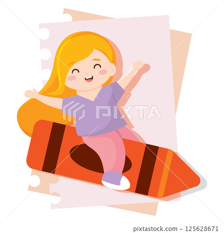 Girl riding crayon. Vector Girl riding crayon. Vector 125628671