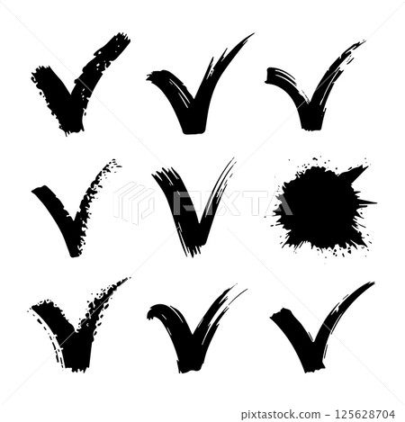 Grunge Brush Check Mark Set. A rough hand-drawn check mark with a textured, grunge brushstroke effect. Grunge Brush Check Mark Set. A rough hand-drawn check mark with a textured, grunge brushstroke effect. 125628704