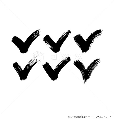 Grunge Brush Check Mark Set. A rough hand-drawn check mark with a textured, grunge brushstroke effect. 125628706