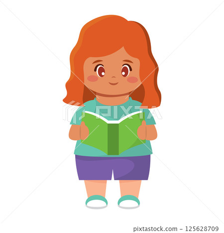 Happy girl reading book. Vector 125628709