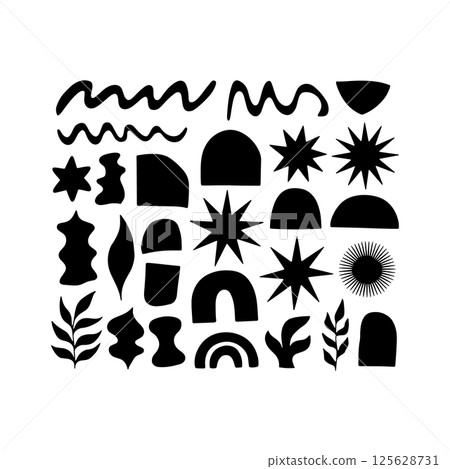 Geometric Botanical Abstraction. A black minimalist silhouette of abstract botanical and geometric elements such as plants, hills, waves, and rainbows. 125628731
