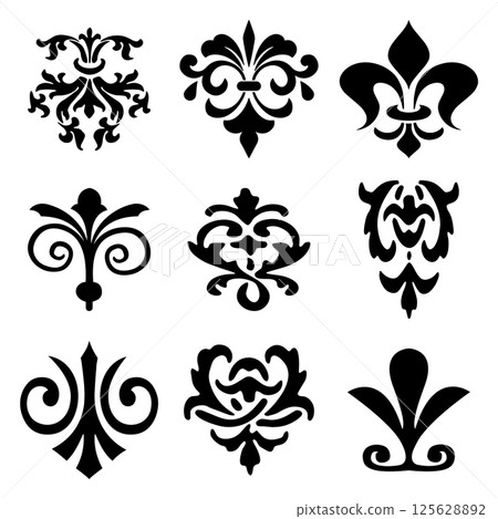 Vintage floral elements and motifs set in damask or arabesque style. Vintage floral elements and motifs set in damask or arabesque style. 125628892