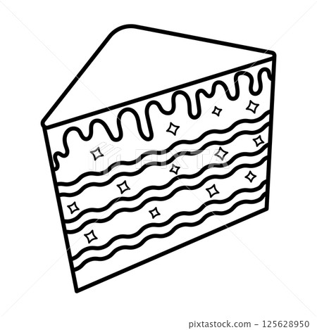 Slice of Layered Cake Outline Vector Illustration. A black and white vector illustration of a slice of cake featuring multiple horizontal layers. Slice of Layered Cake Outline Vector Illustration. A black and white vector illustration of a slice of cake featuring multiple horizontal layers. 125628950