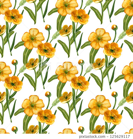 Seamless watercolor pattern. Yellow buttercups, buds, green leaves collected in bouquets. All objects are hand-drawn with watercolors. Suitable for printing on fabric, paper, for stationery. 125629117