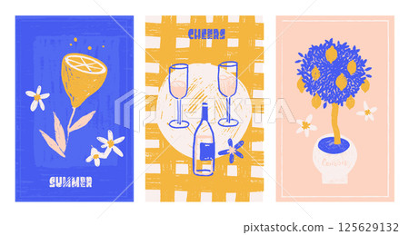 Italian summer vacation doodle style cards or covers set. Pencil or chalk hand drawn Italy lemons and wine print elements. Sea weekend or rest collection for invitations to beach party, picnic. Vector Italian summer vacation doodle style cards or covers set. Pencil or chalk hand drawn Italy lemons and wine print elements. Sea weekend or rest collection for invitations to beach party, picnic. Vector 125629132