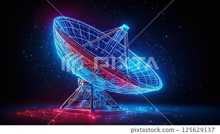 A satellite dish with tech glows in vibrant neon against a dark backdrop 125629137