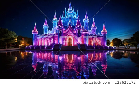Neon lights illuminate a stunning castle, casting colorful reflections in the water at night 125629172
