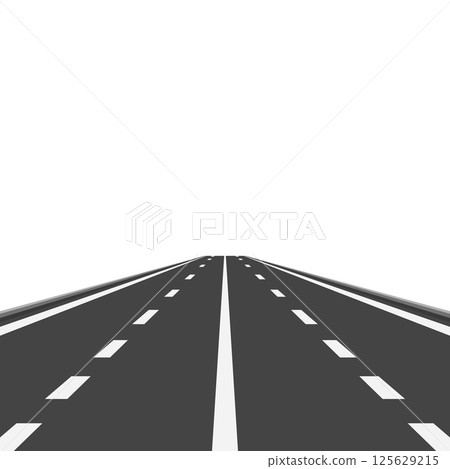 Flat Vector Landscape Design with Black and White Road. Scenic Cartoon Highway Background. Outdoors Scene with Road, Highway, Track in Front View. Vector Illustration Flat Vector Landscape Design with Black and White Road. Scenic Cartoon Highway Background. Outdoors Scene with Road, Highway, Track in Front View. Vector Illustration 125629215