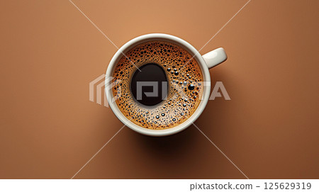 Overhead shot of a white coffee cup filled with dark coffee, foam on a brown background. Overhead shot of a white coffee cup filled with dark coffee, foam on a brown background. 125629319