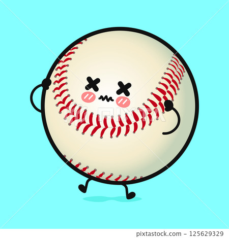 A Baseball character with cross-eyed expressions and a look of discomfort on a bright sky blue background. A Baseball character with cross-eyed expressions and a look of discomfort on a bright sky blue background. 125629329
