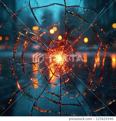 A shattered pane of glass reflects city lights, creating a dynamic contrast of textures and colors. 125629340