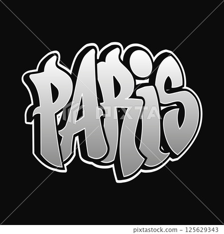 A bold graffiti style displays the city name Paris with a modern, urban aesthetic. 125629343