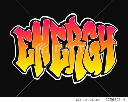 The word Energy is written in a bold and colorful graffiti style on a black backdrop. 125629344