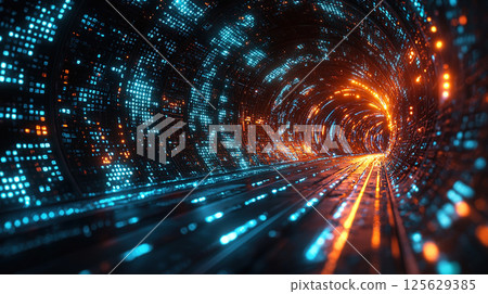 Intriguing digital tunnel with glowing lights, perfect for representing technological advancements. 125629385