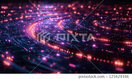 A mesmerizing display of glowing lines and dots, representing the digital world and technology. 125629386