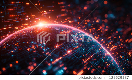 A vivid digital artwork of a glowing sphere with circuit patterns and light streams. 125629387