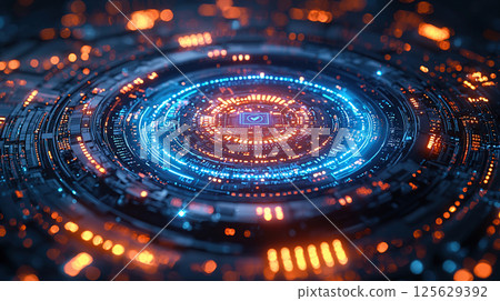 A futuristic, close-up shot of a digital circuit board with glowing blue and orange lights. A futuristic, close-up shot of a digital circuit board with glowing blue and orange lights. 125629392