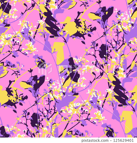 Seamless pattern with dry herbs and leaves in bold vivid colors. Wild field and forest plants wallpaper. Boho botanical texture 125629401