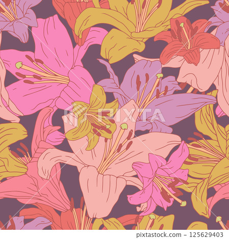Vintage seamless pattern with hand drawn lily flowers on dark purple background. Boho floral repeat wallpaper Vintage seamless pattern with hand drawn lily flowers on dark purple background. Boho floral repeat wallpaper 125629403