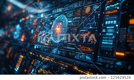 A complex digital interface with data streams, charts, and graphs in a futuristic setting. 125629526