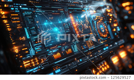 Futuristic digital interface featuring a complex display of information, data charts, and vibrant glowing lights. 125629527