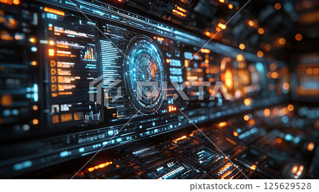 Intricate futuristic digital interface with glowing data visualizations on a tech screen. Intricate futuristic digital interface with glowing data visualizations on a tech screen. 125629528