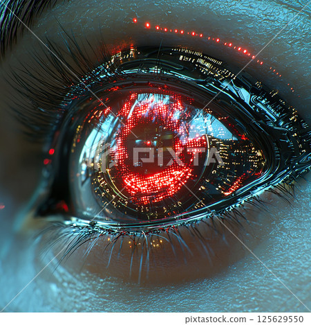Close-up view of a robotic eye with intricate circuitry and glowing red details. 125629550