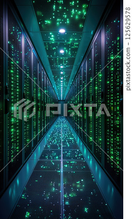 Inside a modern data center, illuminated by glowing green lights and server racks. 125629578
