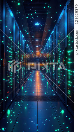 An impressive data center hallway is illuminated with glowing lights, showcasing modern technology. 125629579