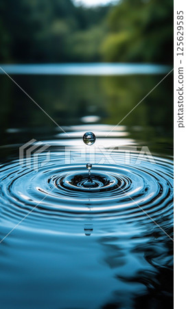 A single water droplet suspended mid-air, causing circular ripples to emanate outwards into calm water. 125629585