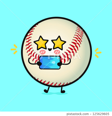 A cute Baseball character with star eyes is looking at a tablet on a light blue background. A cute Baseball character with star eyes is looking at a tablet on a light blue background. 125629605