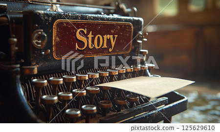 A vintage typewriter showcases the word story, evoking the charm of creative writing and literature. 125629610
