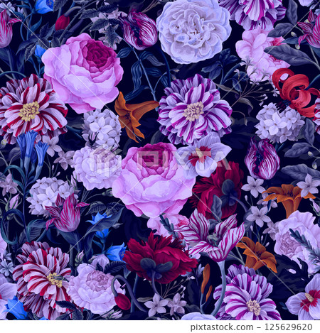 Seamless floral pattern with oil painting rococo still-lifes flowers. Vector. 125629620