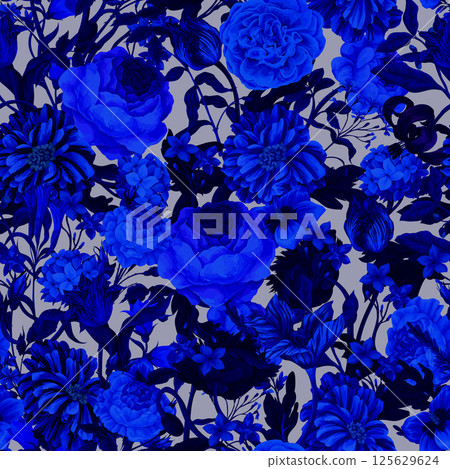 Seamless floral pattern with oil painting rococo still-lifes flowers. Vector. 125629624